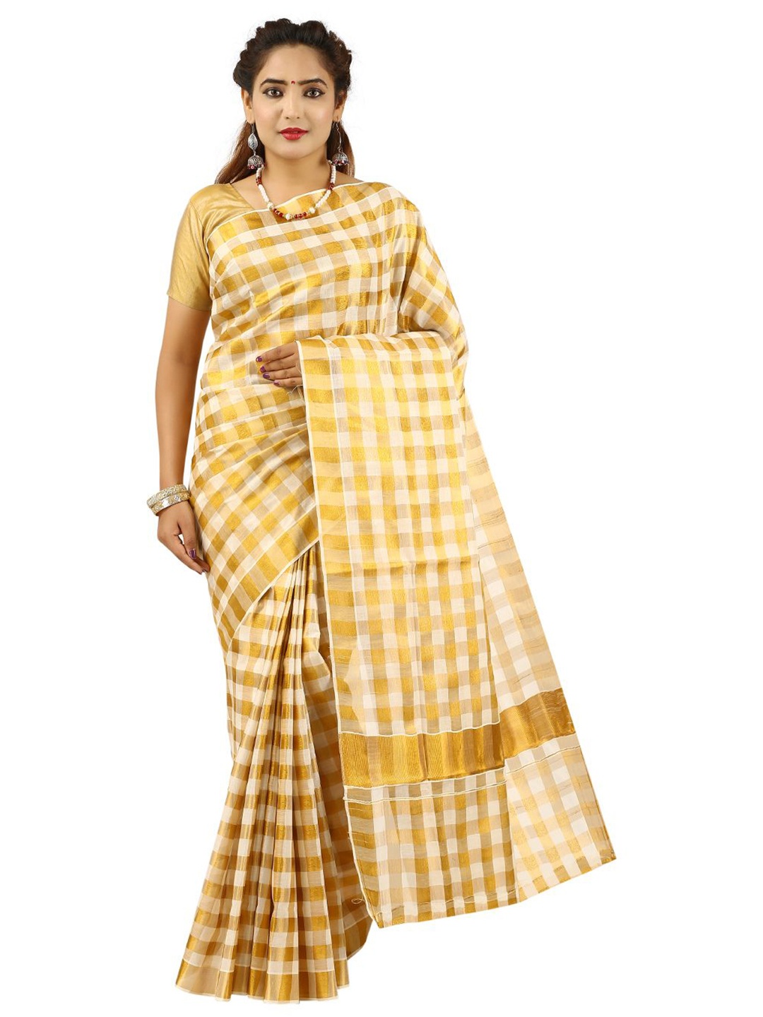 

Rst R Selvamani Tex Checked Zari Pure Cotton Kasavu Saree, Yellow