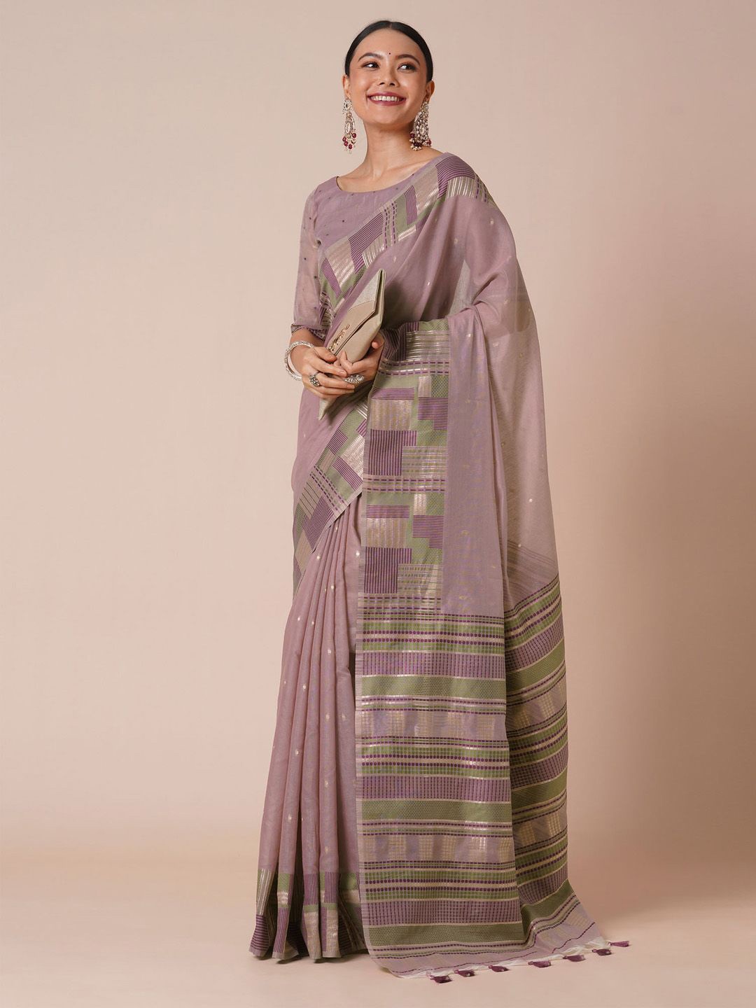 

House of Pataudi Ethnic Motifs Woven Design Banarasi Celebrity Silk Saree, Mauve