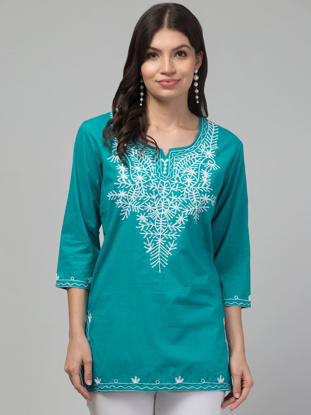 

FAMBEE Floral Embroidered Pure Cotton Kurti, Teal