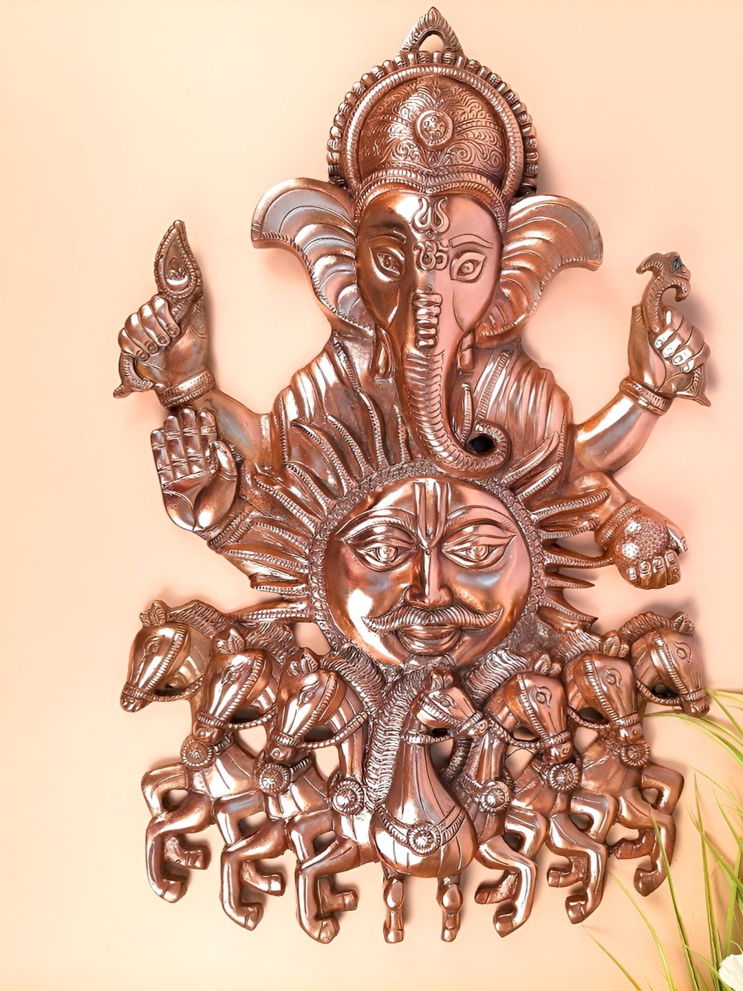 

apka mart Copper Toned Textured Ganesh With Sun & 7 Horse Wall Decor