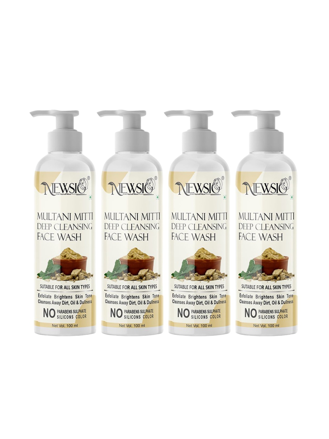 

Newsio Set Of 4 Multani Mitti Deep Cleansing Face Wash-100 ml Each, Yellow