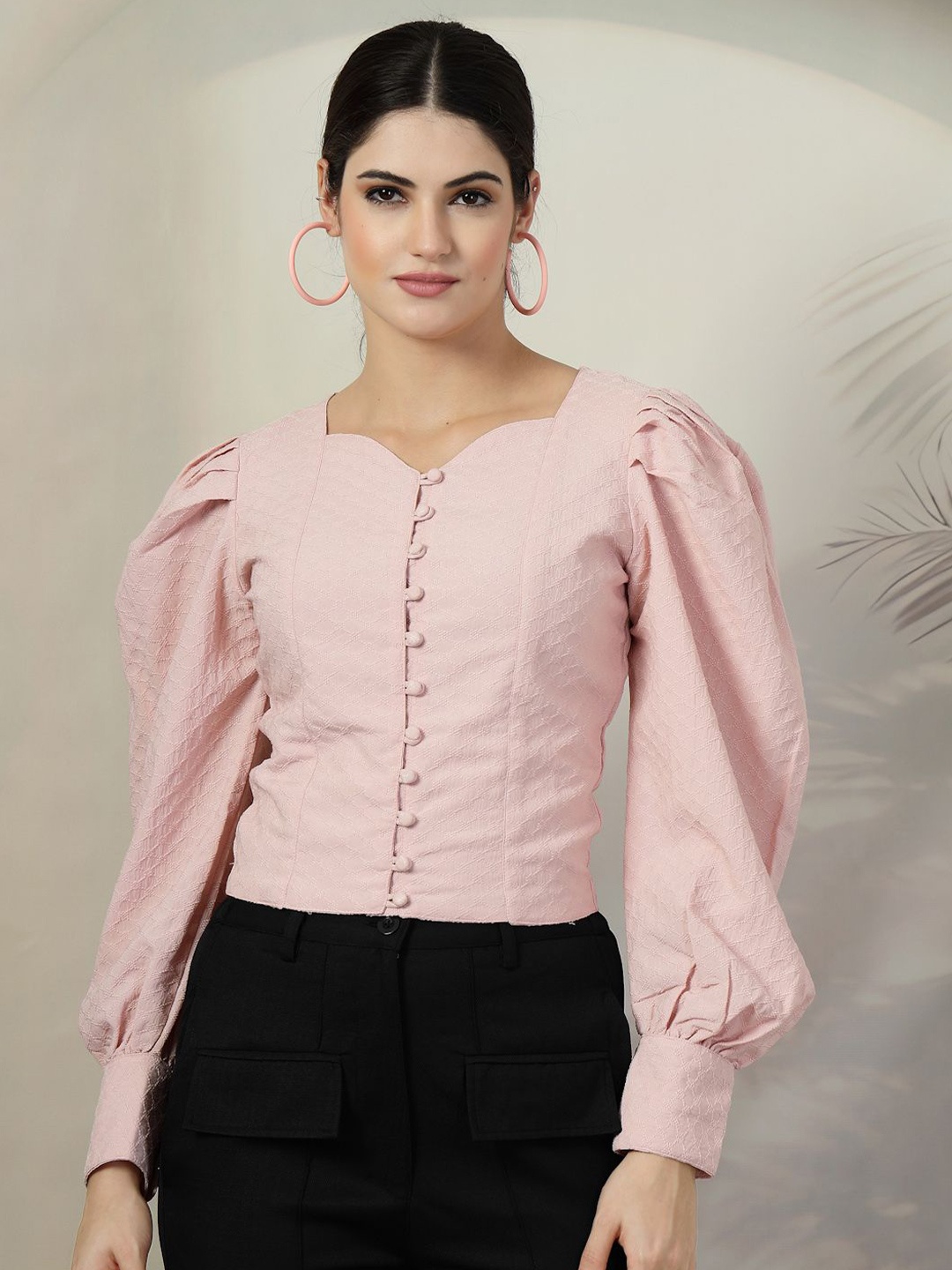 

plusS Women Self Design Sweetheart Neck Top, Peach