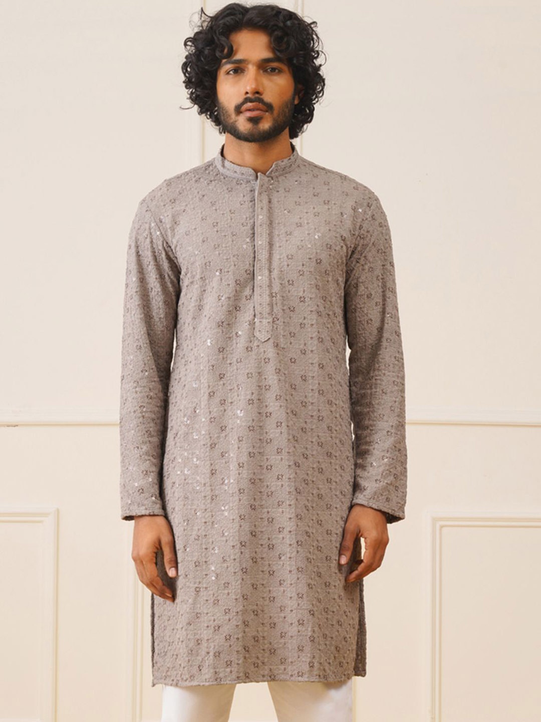 

Jompers Men Woven Design Embroidered Cotton Kurta, Grey