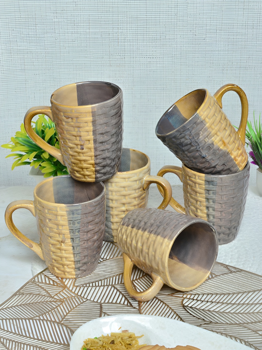 

FABINALIV Beige & Grey 6 Pieces Textured Ceramic Glossy Mugs 310 ml