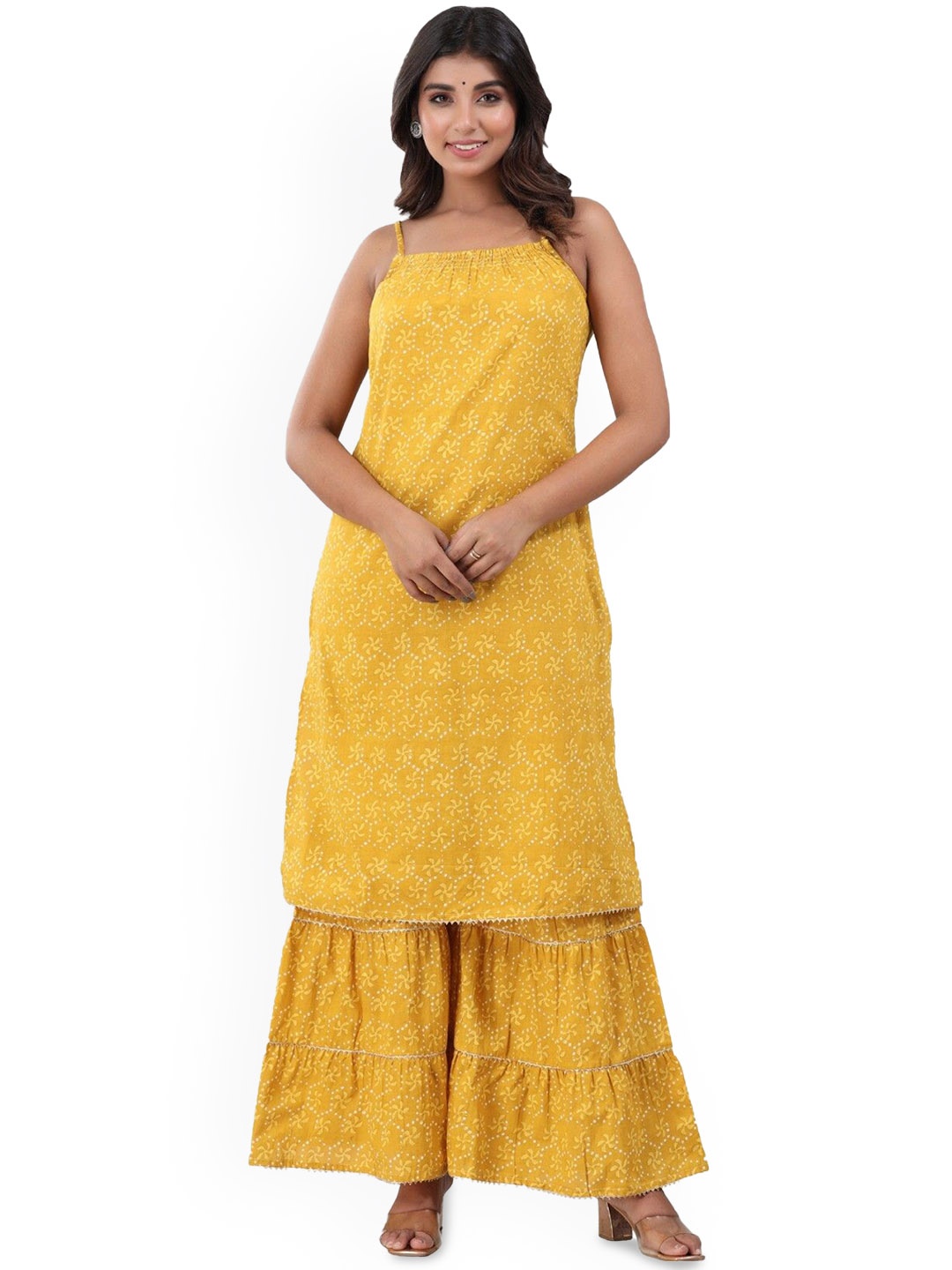 

Cloth Bites Ethnic Motifs Printed Shoulder Straps Pure Cotton Straight Kurta with Sharara, Yellow