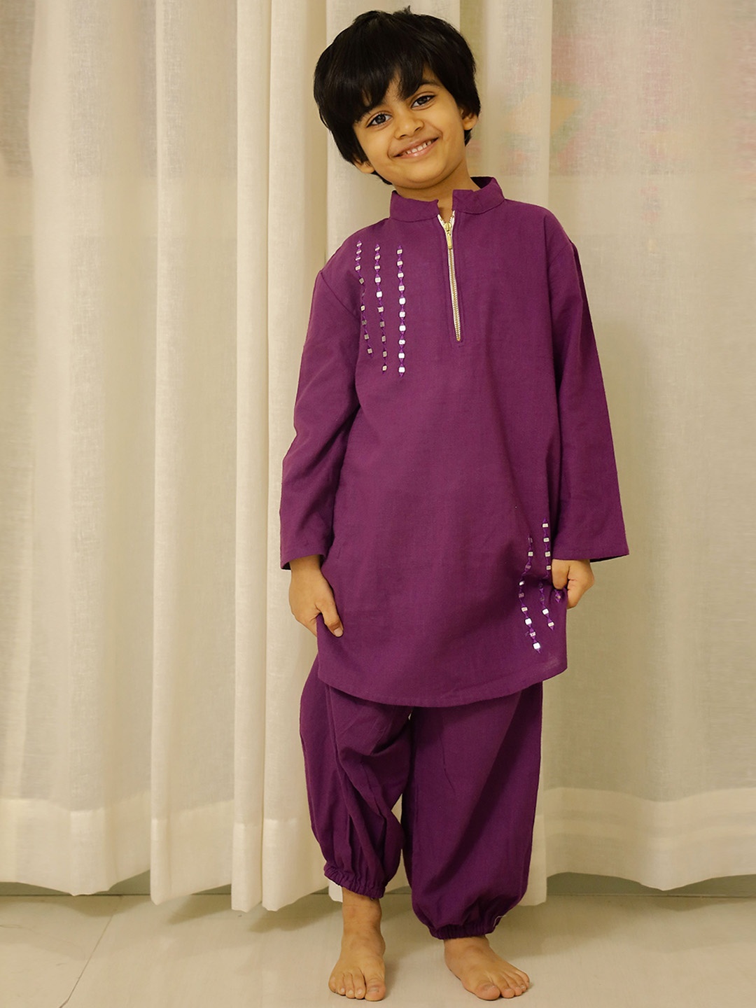 

Hoshi by A&T Boys Embroidered Mirror Work Pure Cotton Kurta With Harem Pants, Purple