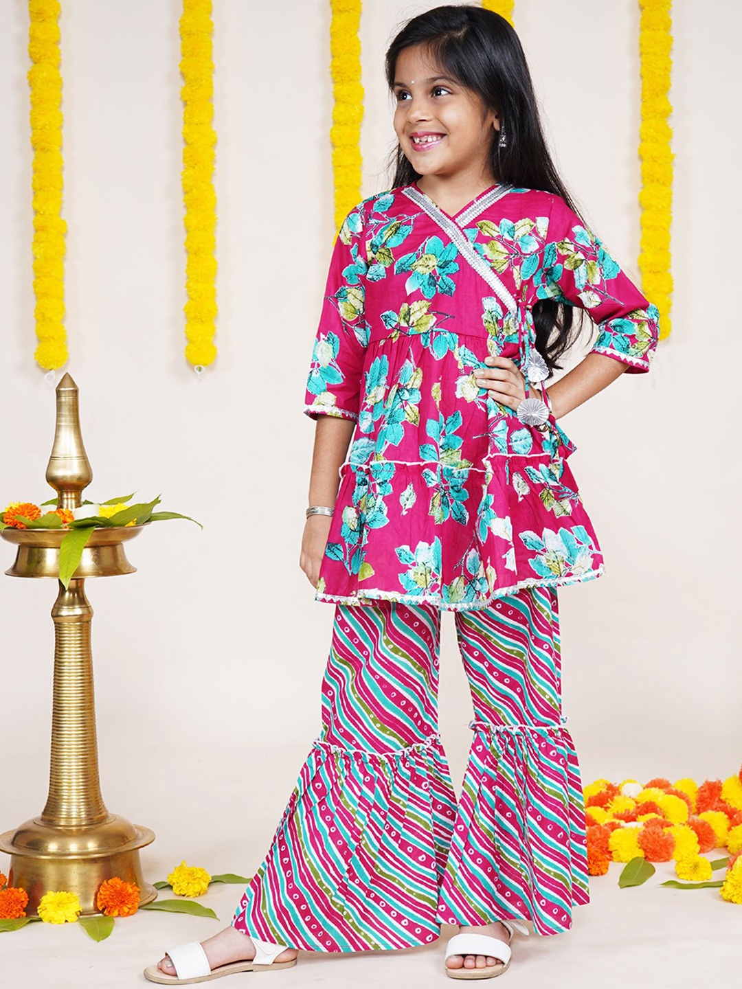 

KiddoPanti Girls Floral Printed Gotta Patti Pure Cotton Kurta with Sharara, Pink