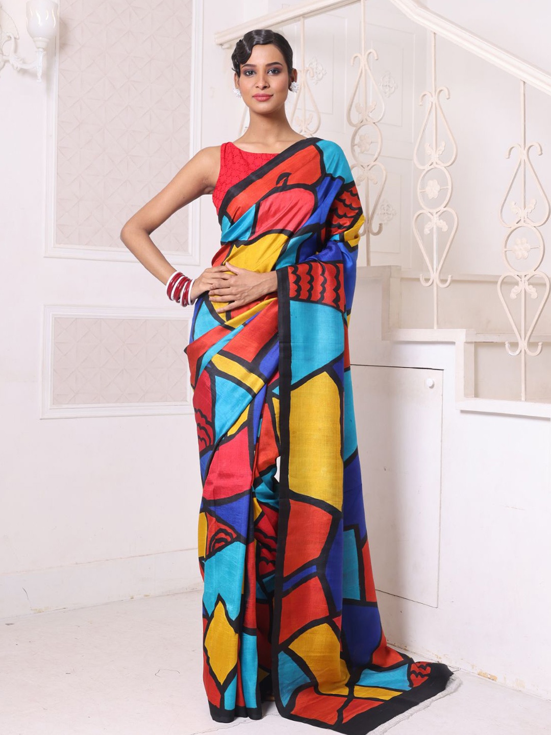 

Charukriti Women Abstract Hand Painted Pure Silk Saree, Blue