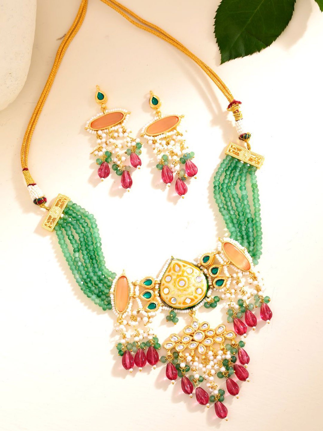

DASTOOR Gold-Plated Stone-Studded & Beaded Jewellery Set
