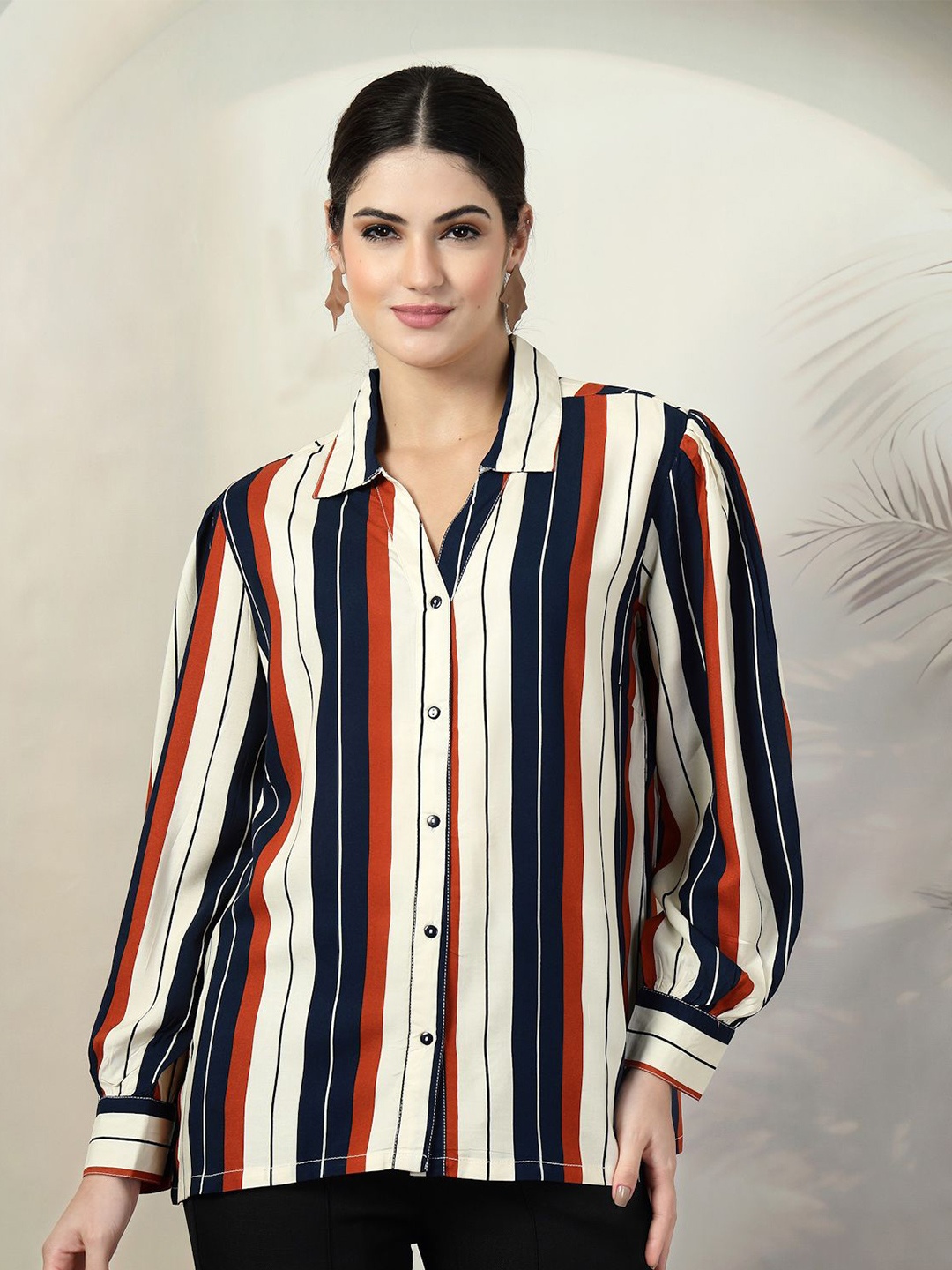 

plusS Women Standard Spread Collar Vertical Striped Casual Shirt, White