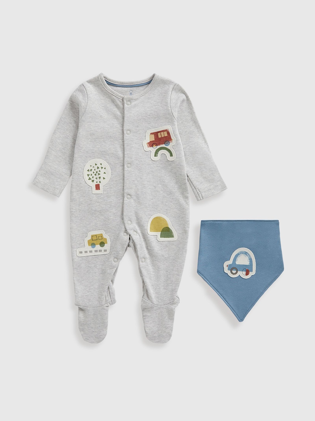 

mothercare Boys Cotton Embroidered Sleepsuit With Bib, Grey