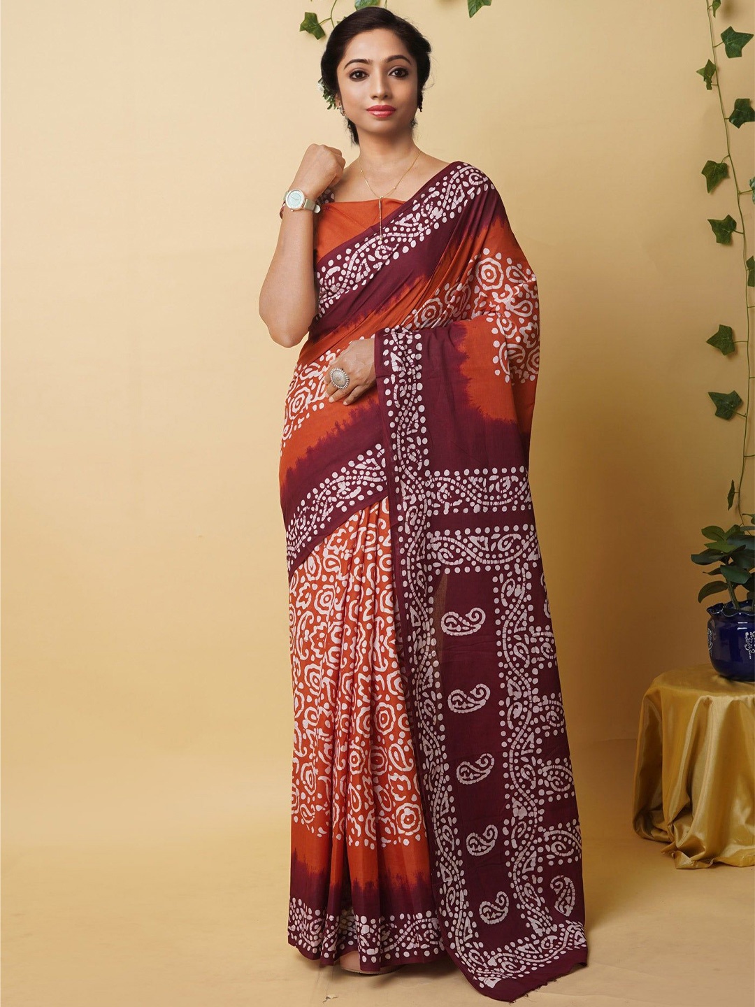 

Unnati Silks Ethnic Motifs Pure Cotton Handloom Block Print Saree, Brown