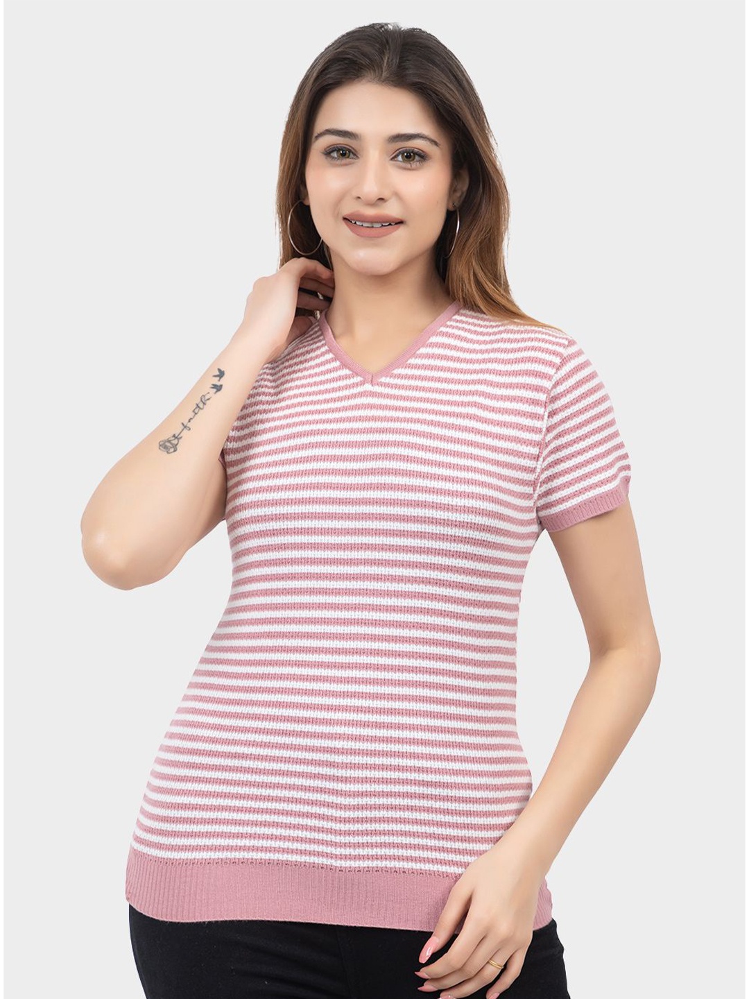 

LEZA Women Horizontal Striped V-Neck Cotton Top, Peach