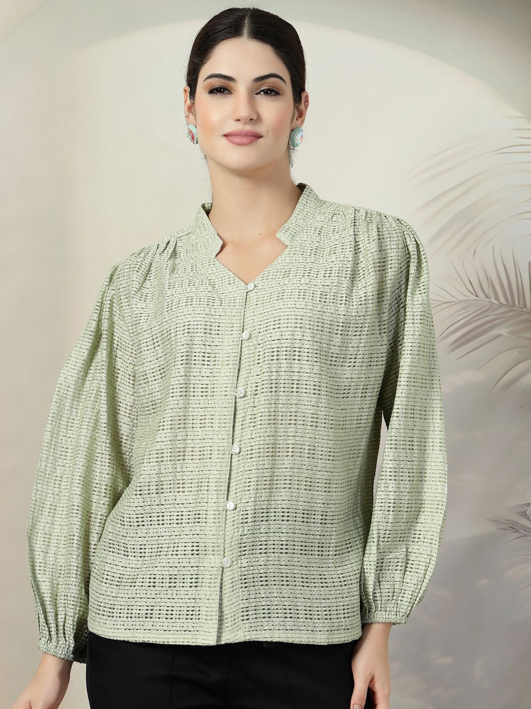 

plusS Women Standard Mandarin Collar Solid Casual Shirt, Green