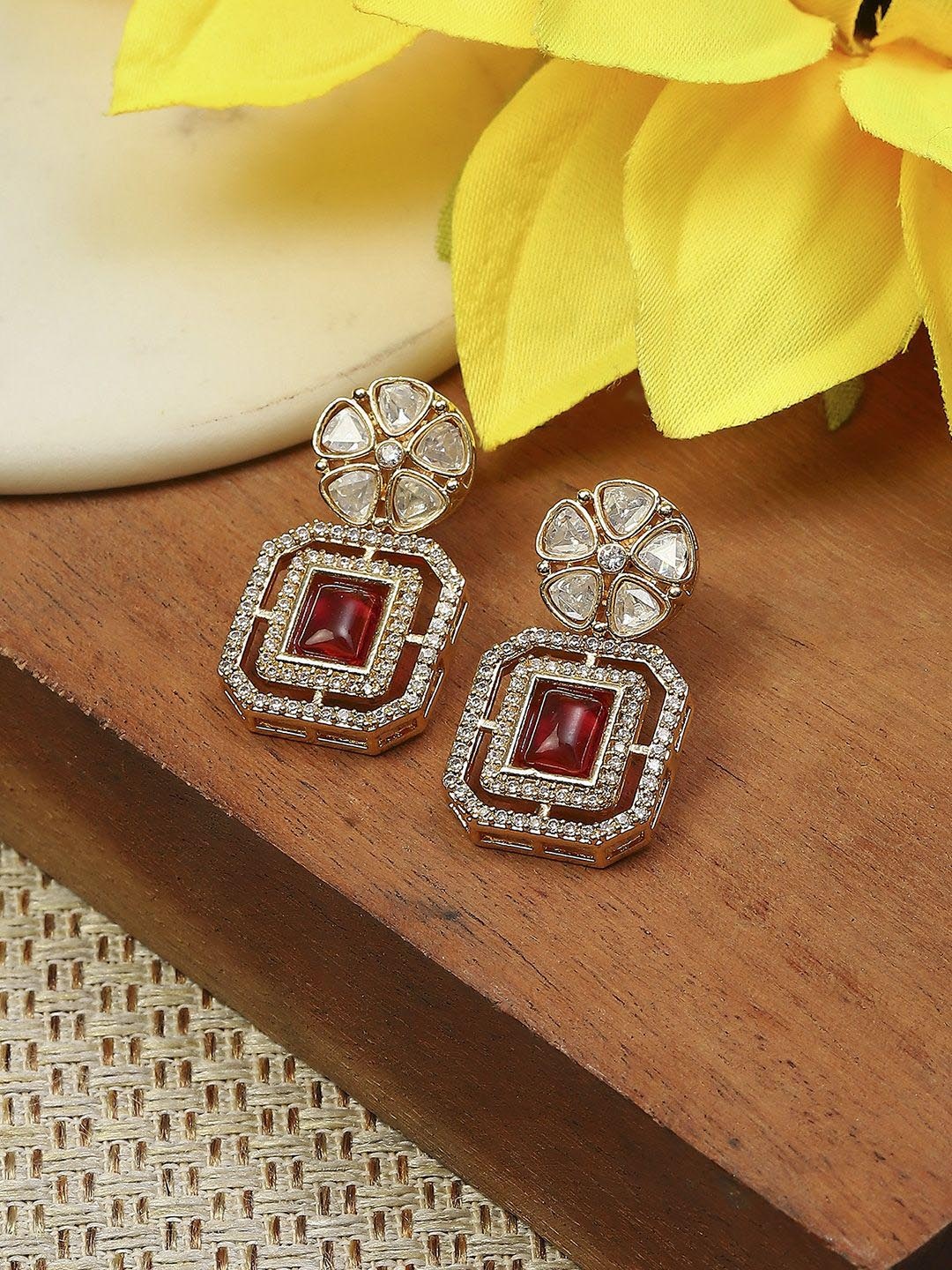 

Biba Gold Plated Stone Studded Contemporary Drop Earrings