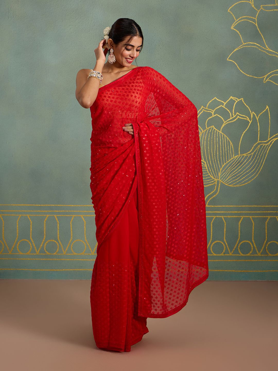 

Likha Floral Beads and Stones Pure Georgette Saree, Red