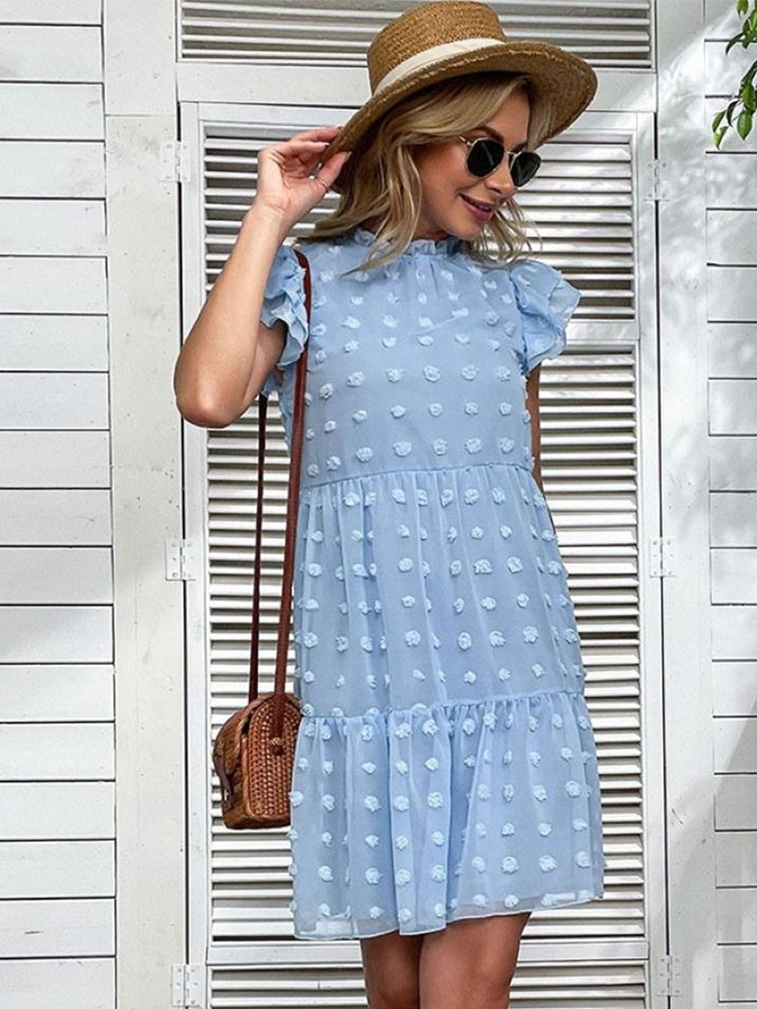 

StyleCast Embroidered Flutter Sleeve Chiffon A-Line Mini Dress, Blue