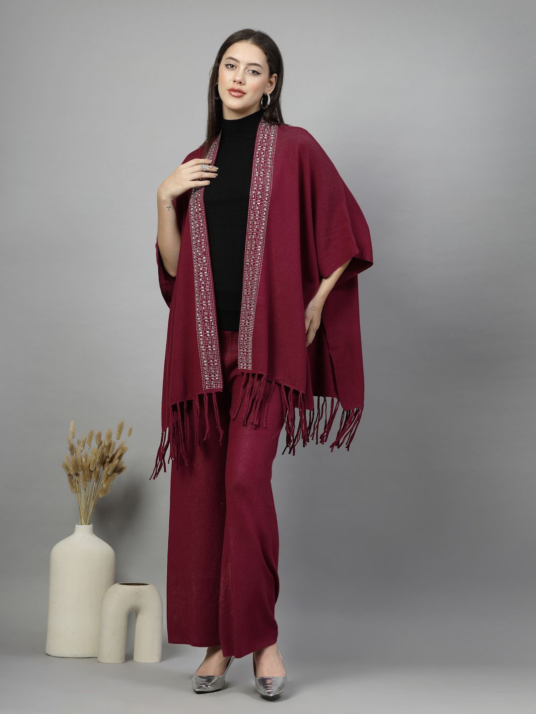 

Mafadeny Mock Neck Sleeveless Top With Trouser With Embellished Shrug, Fuchsia