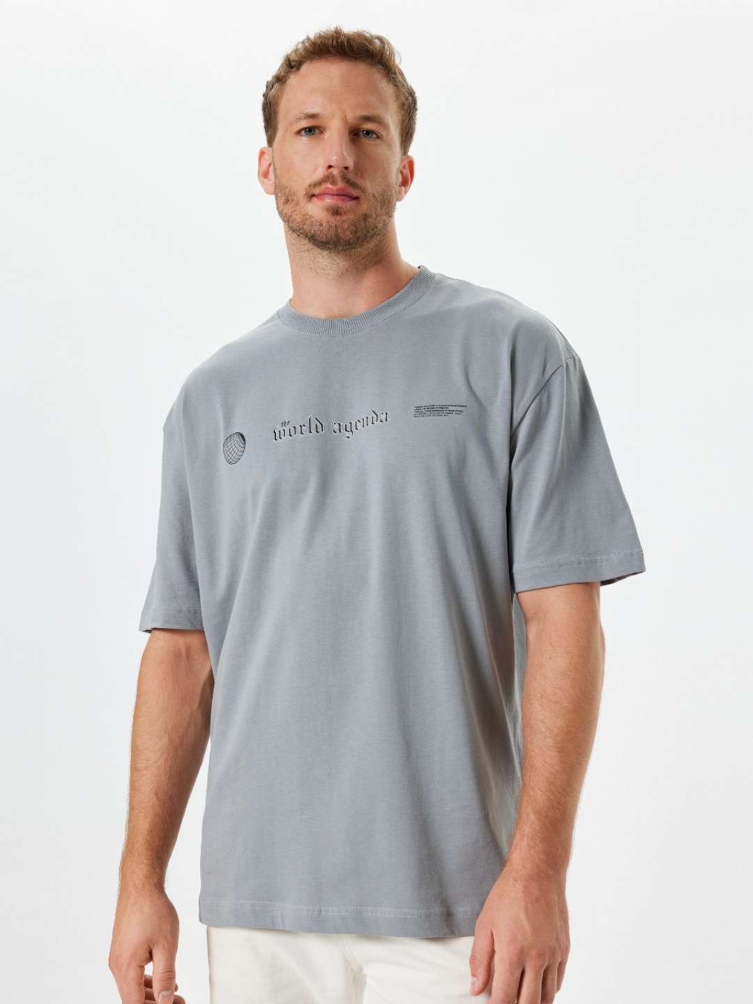 

Koton Men Typography Printed High Neck Cotton Oversized T-shirt, Grey