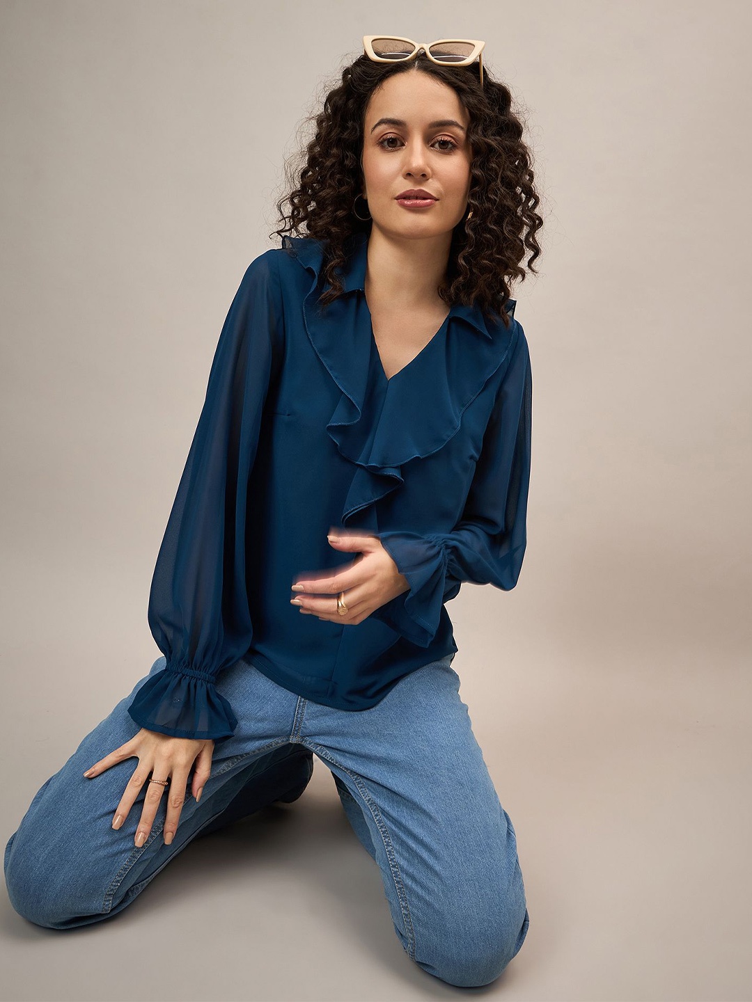 

The Roadster Lifestyle Co. Ruffled Solid Shirt Style Top, Blue