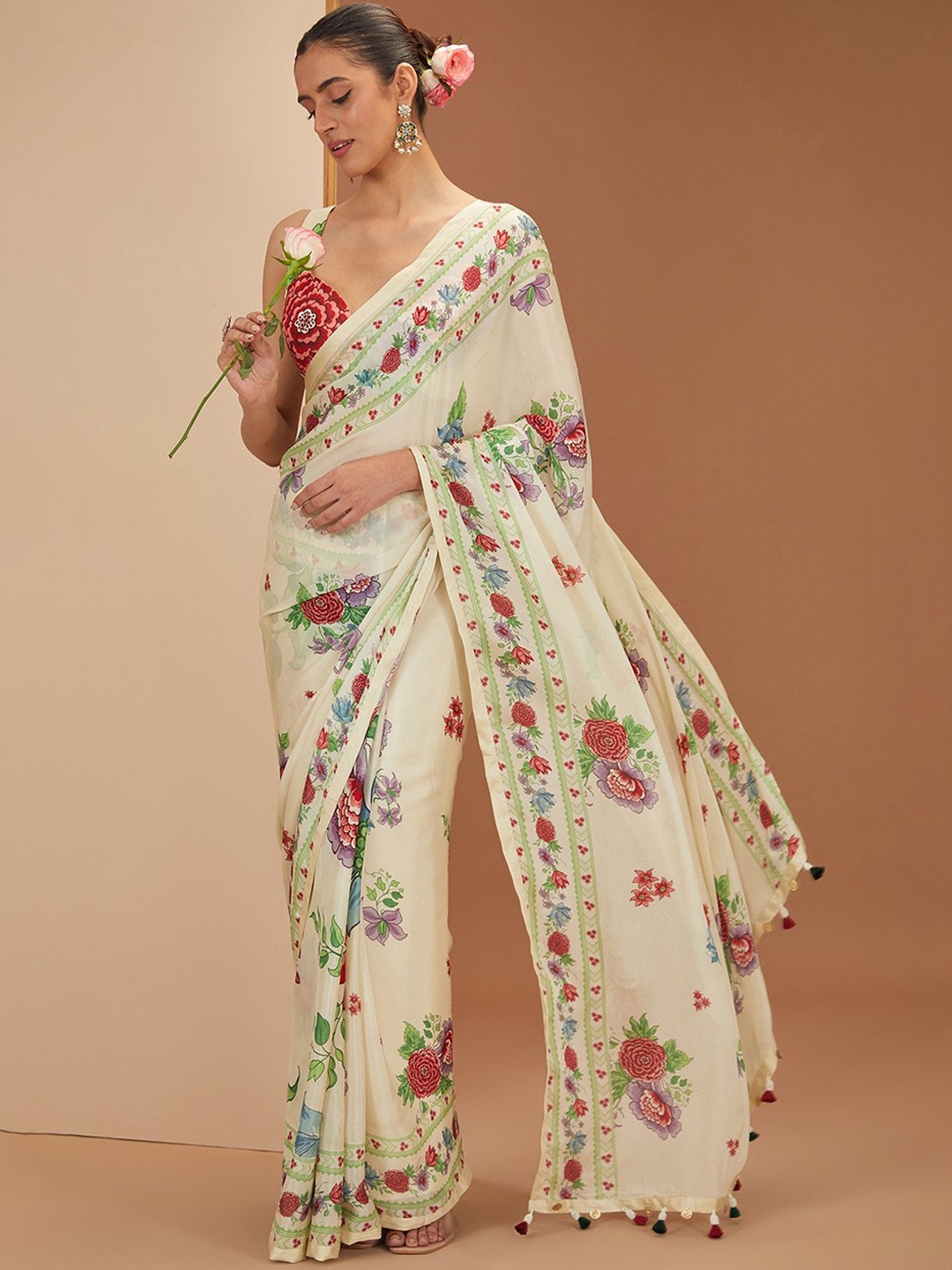 

neha khullar Floral Printed Pure Silk Saree, Beige