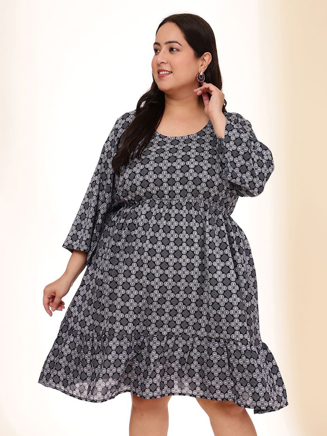 

DressBerry Women Print Puff Sleeve Fit & Flare Plus Size Dress, Black