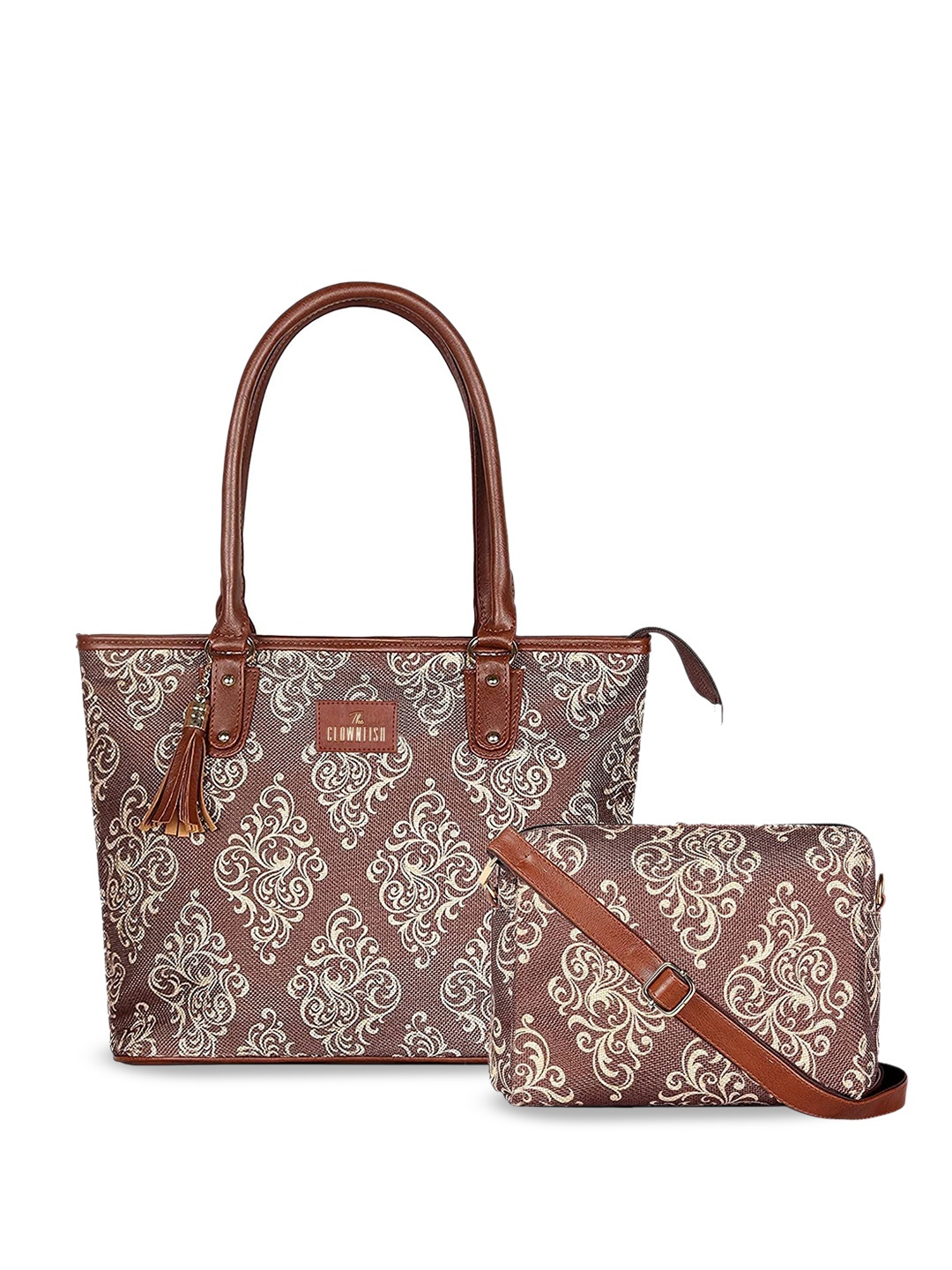

THE CLOWNFISH Women Ethnic Printed Structured Shoulder Bag With Sling Bag, Brown