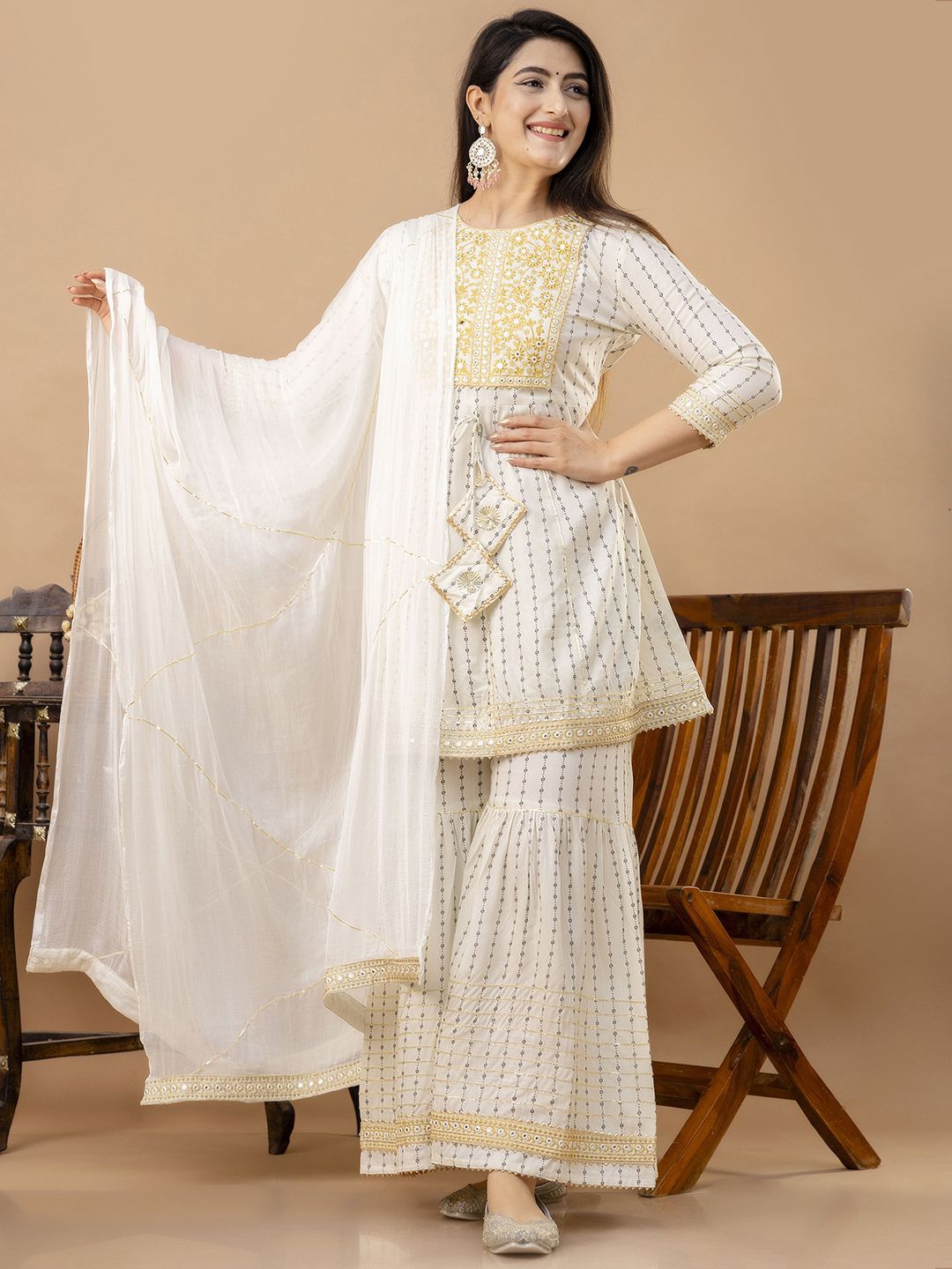 

Veshviti Women Floral Embroidered Empire Mirror Work Kurta with Sharara & With Dupatta, White