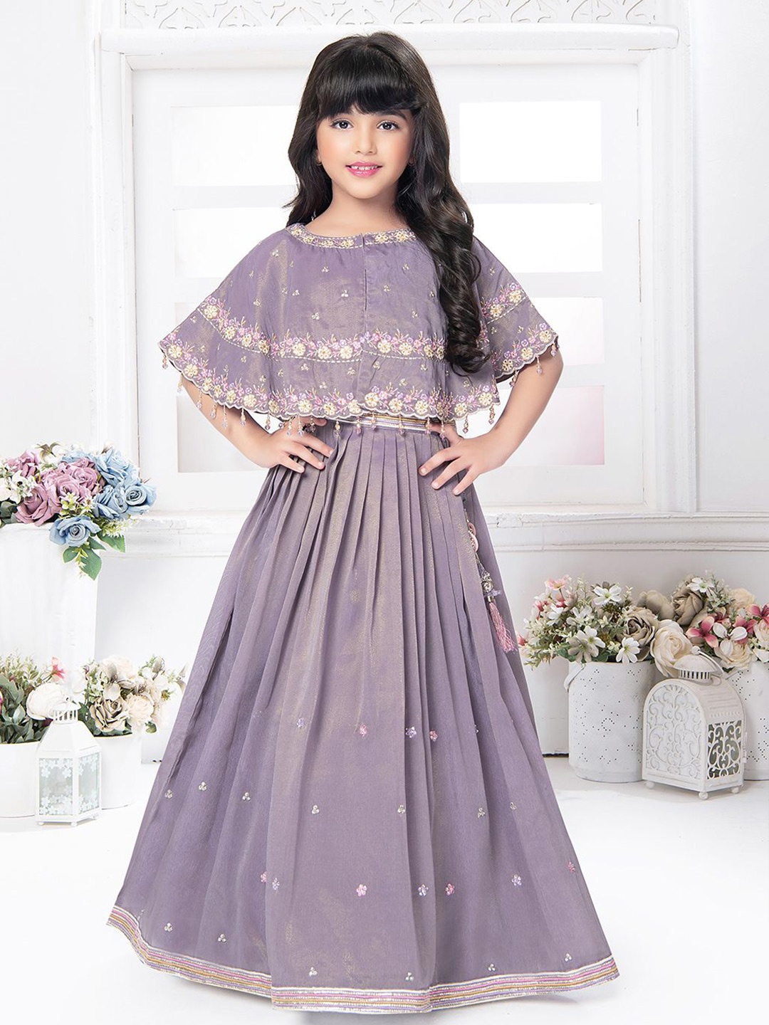 

Tiny Kingdom Girls Embellished Beads and Stones Ready to Wear Lehenga Set, Purple