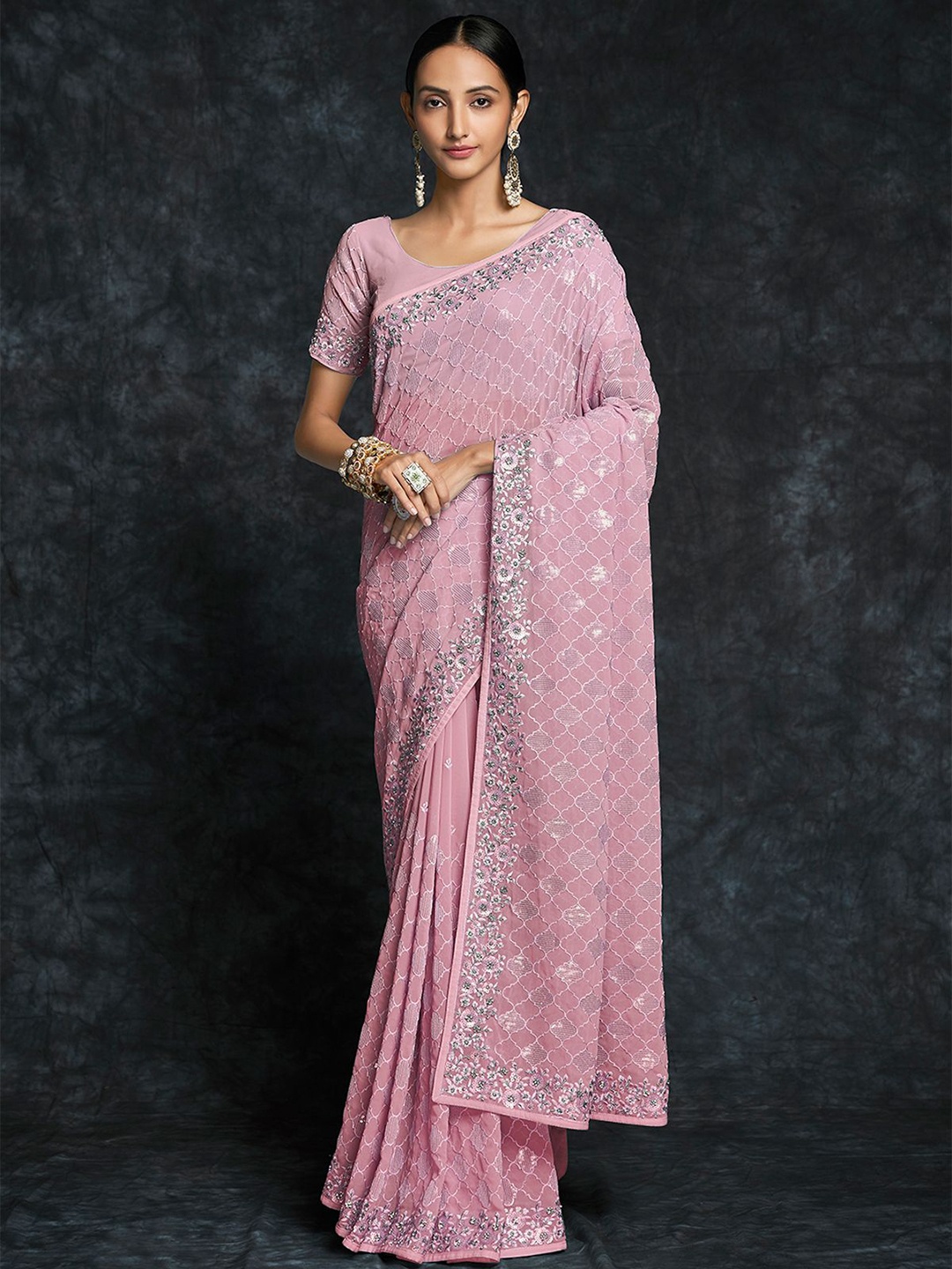 

ODETTE Embroidered Sequinned Saree, Pink