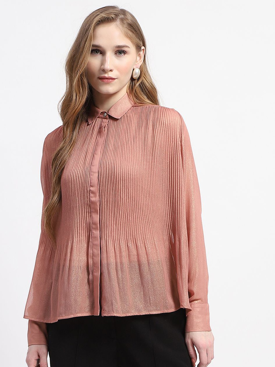 

Madame Women Solid Shirt Collar Top, Peach