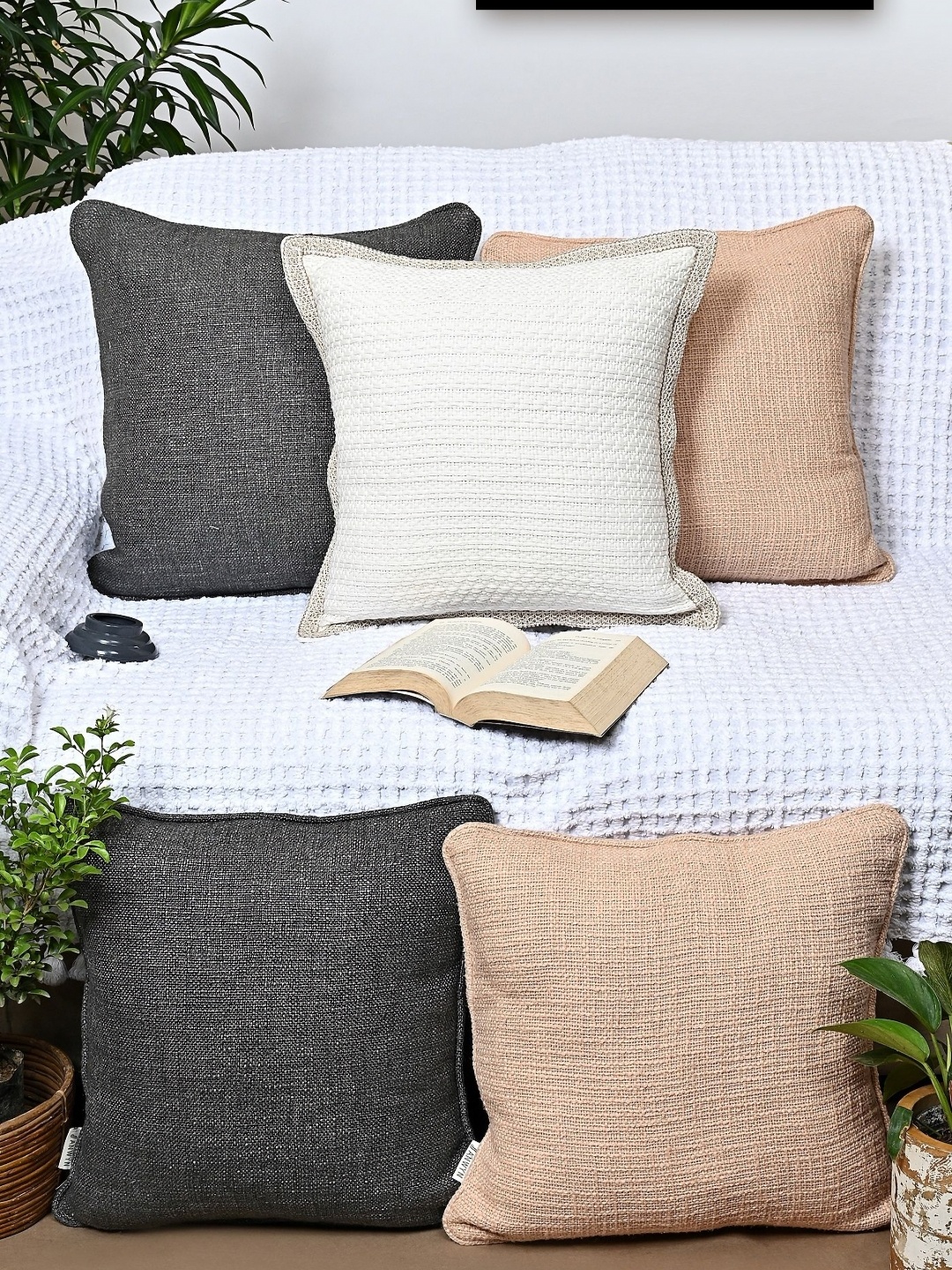 

ANWYN White & Grey 5 Pieces Self Design Cotton Square Cushion Covers