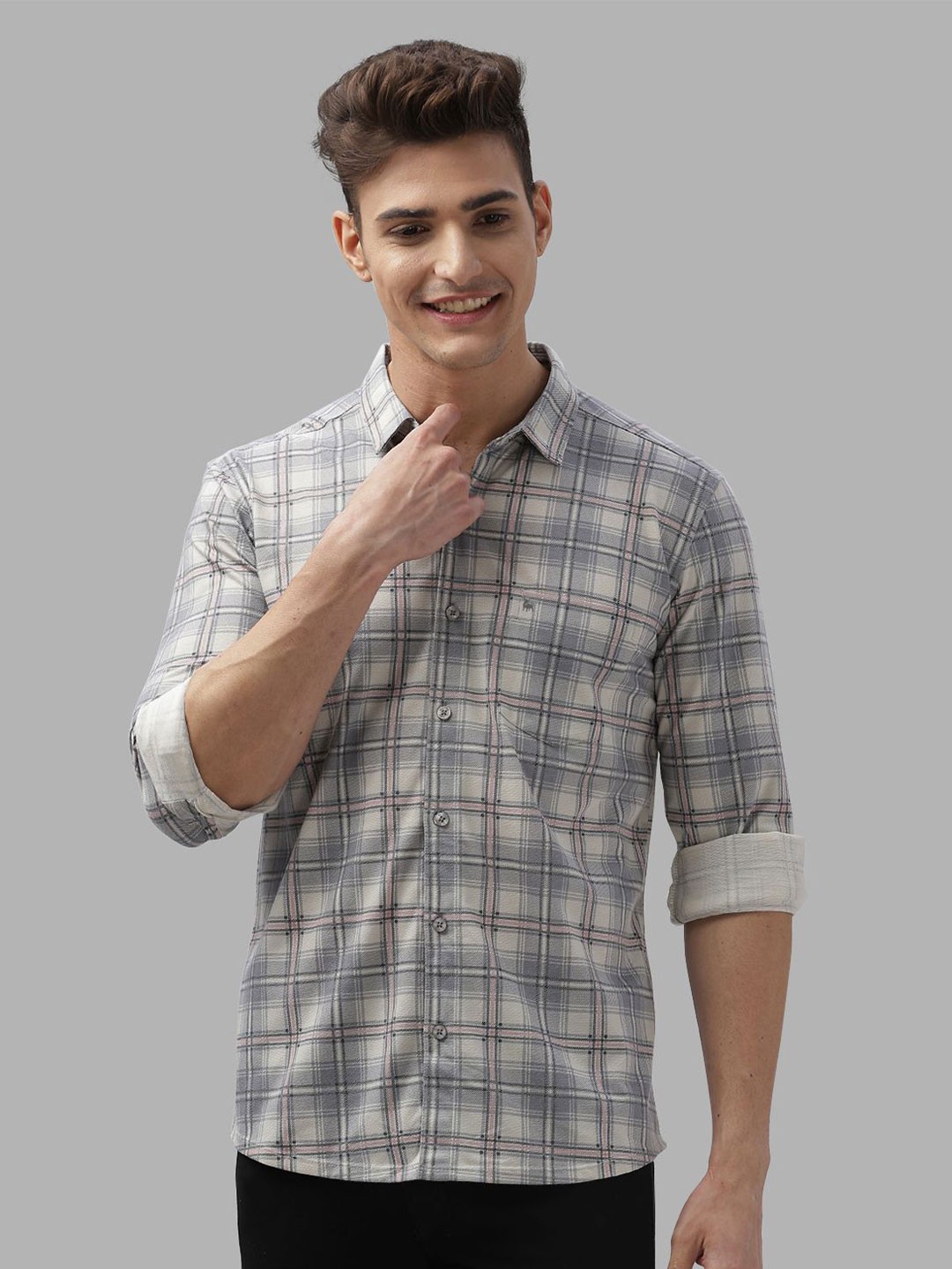 

BULLMER Men Spread Collar Checked Cotton Casual Shirt, Grey