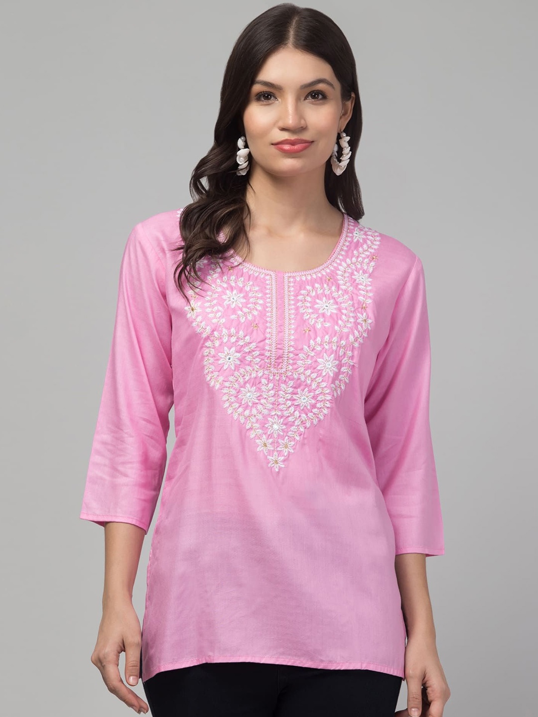 

FAMBEE Women Floral Embroidered Thread Work Thread Work Kurti, Pink