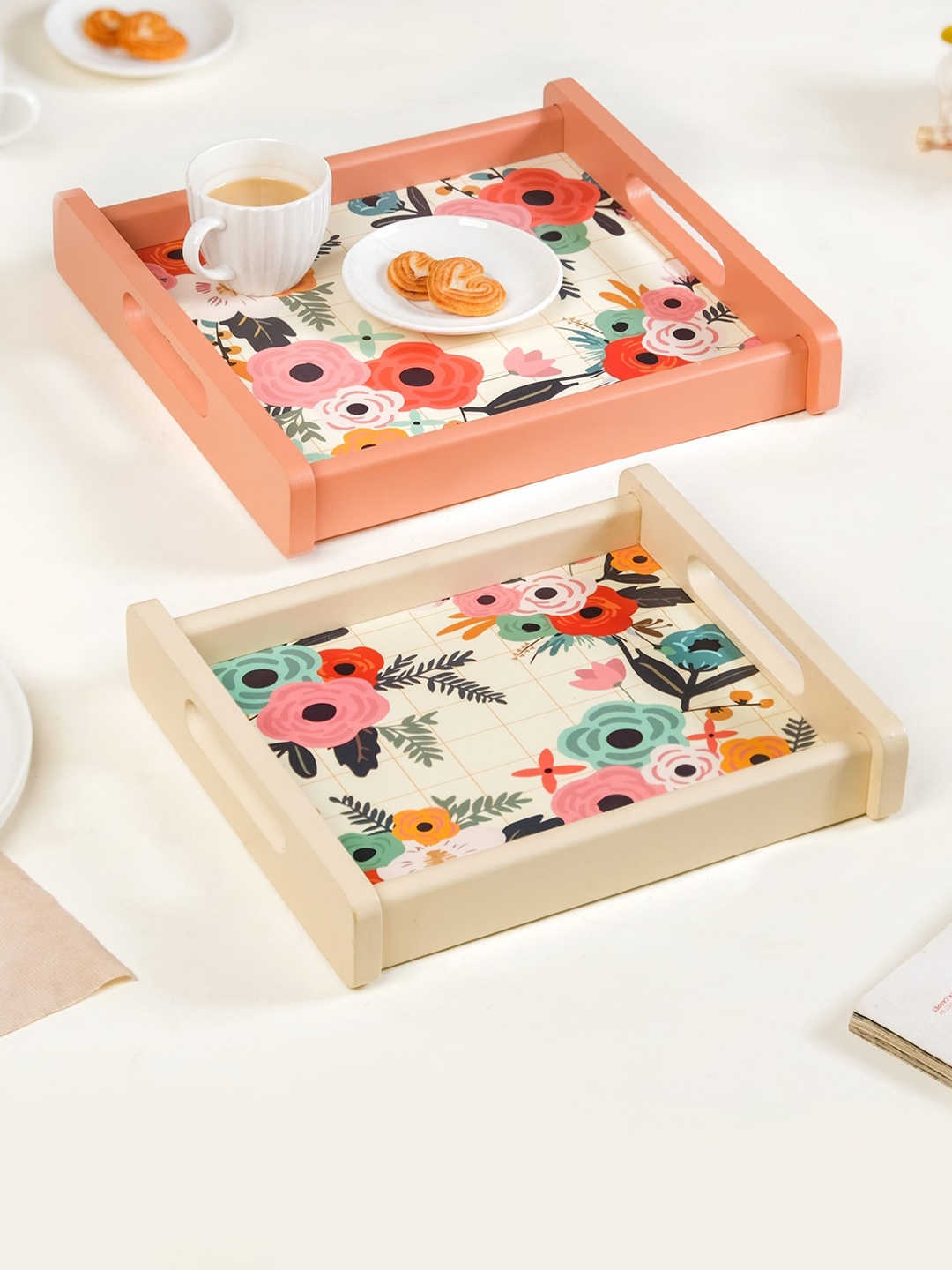 

Nestasia Beige & Peach 2 Pieces Floral Printed Wooden Serving Trays