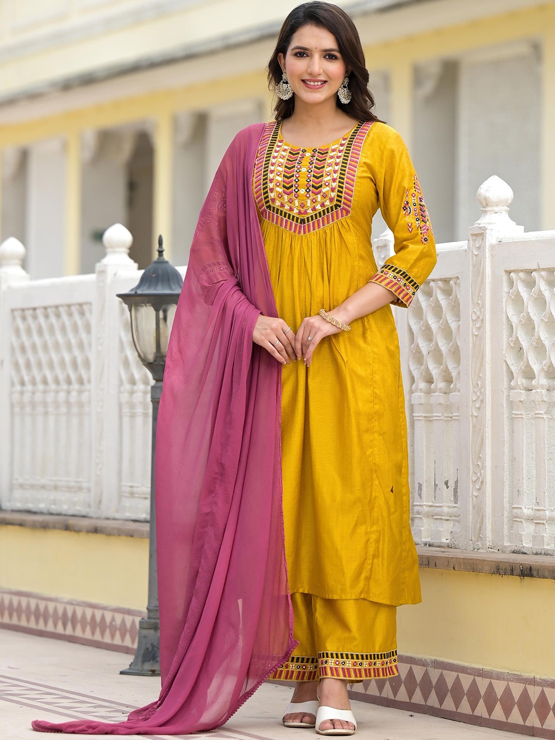 

Juniper Geometric Embroidered Thread Work A Line Kurta with Trousers & Dupatta, Mustard