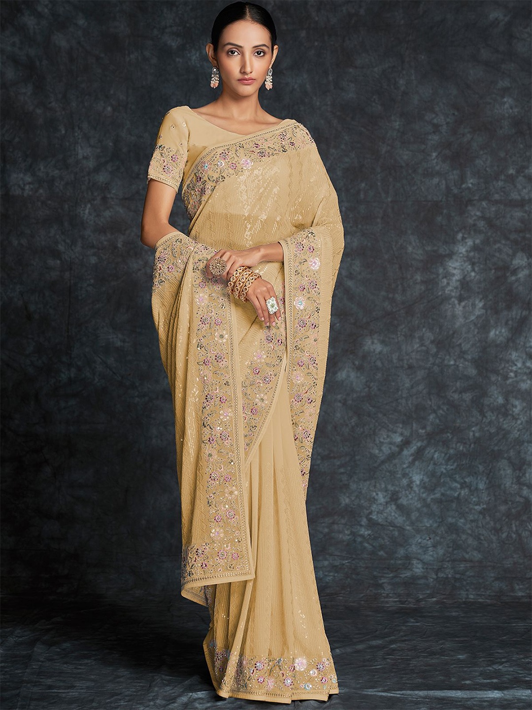 

ODETTE Embroidered Saree With Unstitched Blouse, Yellow