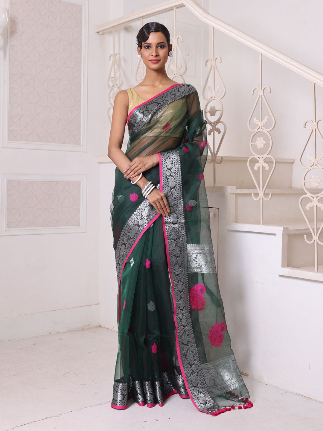 

Charukriti Ethnic Motifs Zari Pure Silk Saree, Green