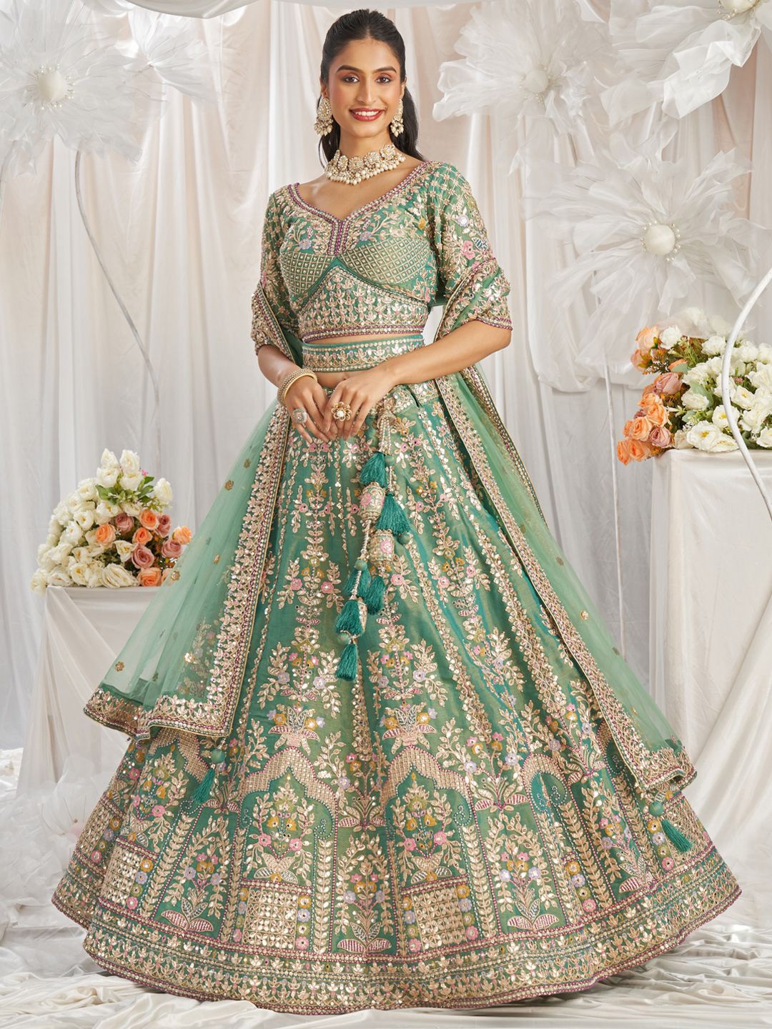 

panchhi Embroidered Net Semi-Stitched Lehenga & Unstitched Blouse With Dupatta, Sea green