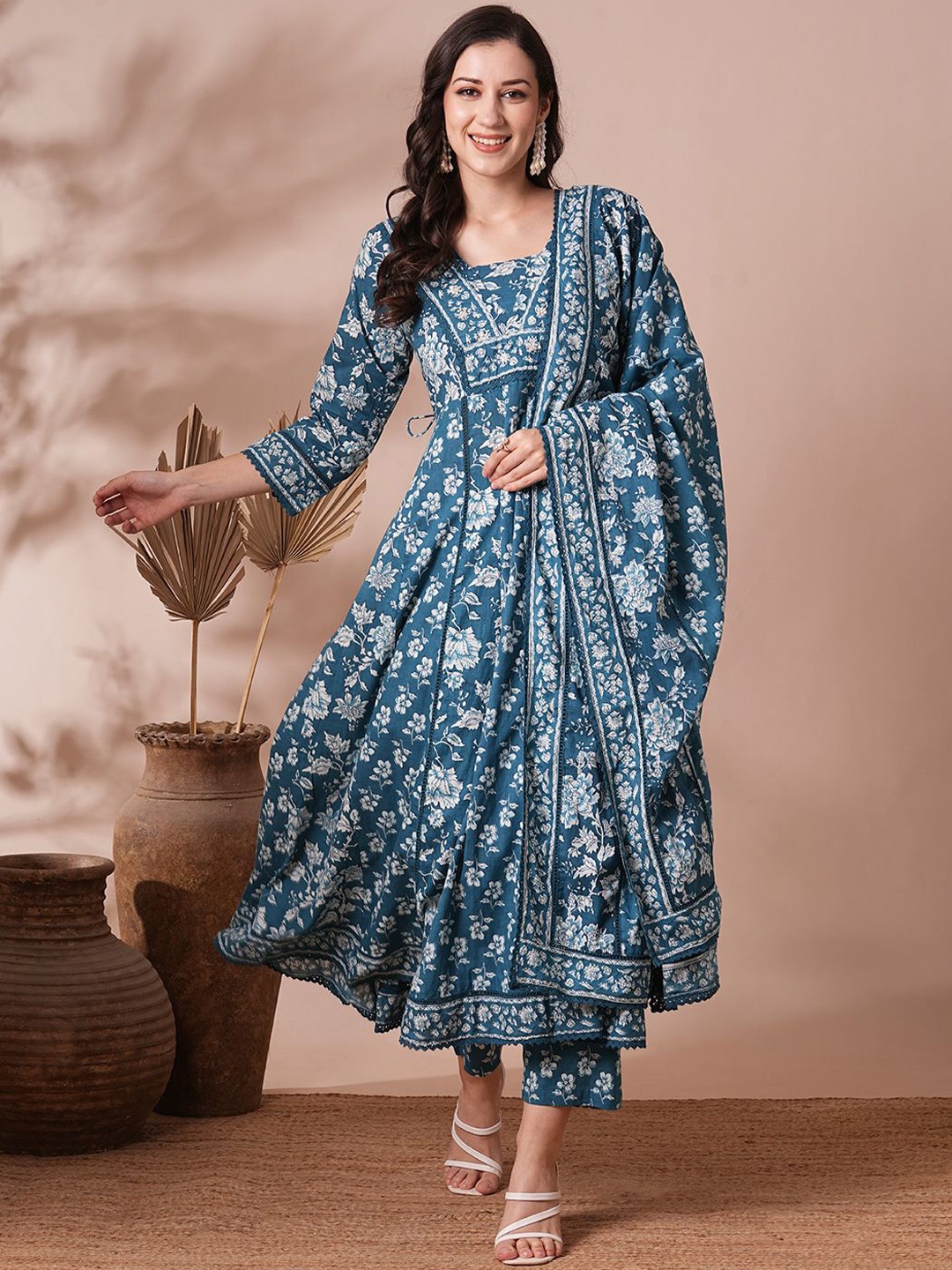 

FASHOR Floral Printed Panelled Sequinned Pure Cotton A-Line Kurta With Palazzo & Dupatta, Blue