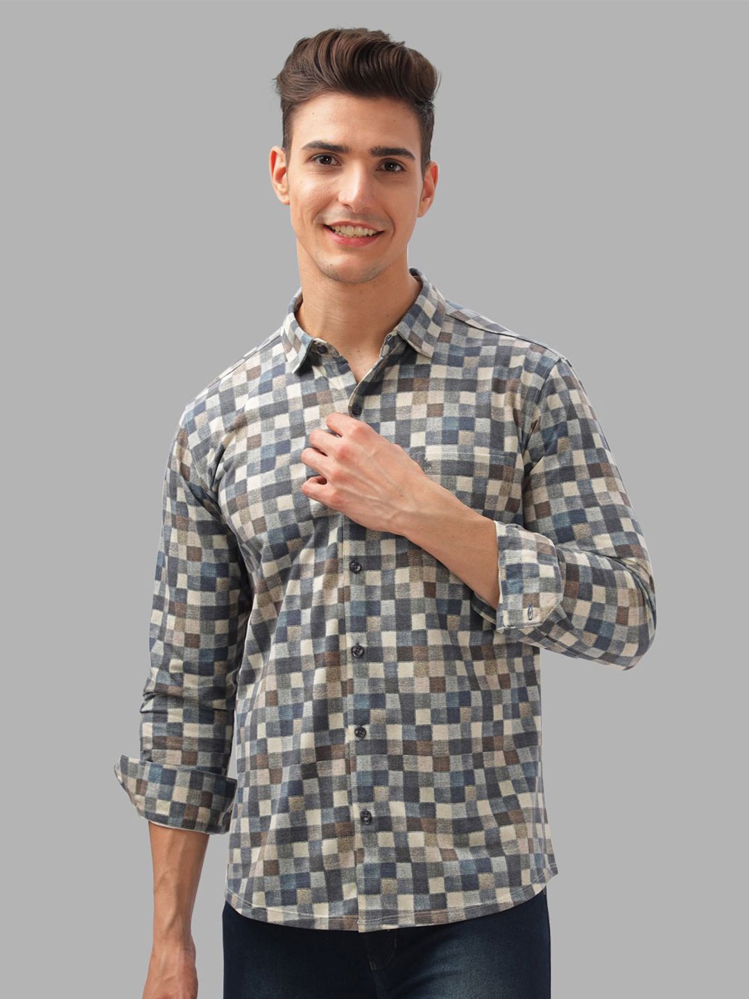

BULLMER Men Spread Collar Checked Cotton Casual Shirt, Blue