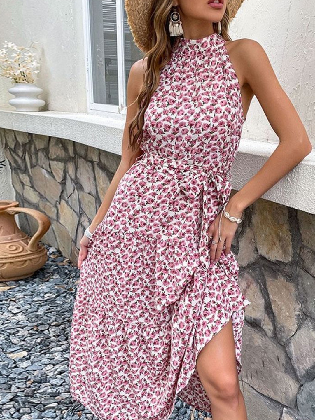 

StyleCast Floral Print Halter Neck A-Line Midi Dress, White