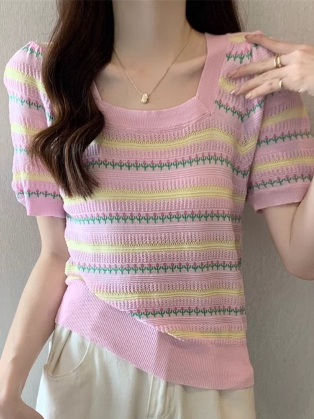 

StyleCast Women Horizontal Striped Square Neck Top, Pink