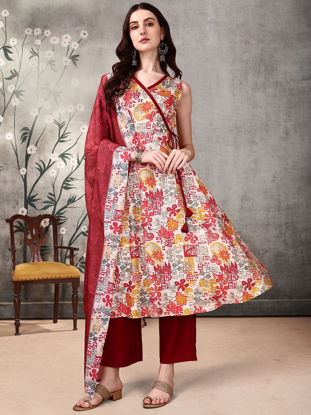 

KALINI Ethnic Motifs Printed Anarkali Kurta With Palazzos & Dupatta, Red