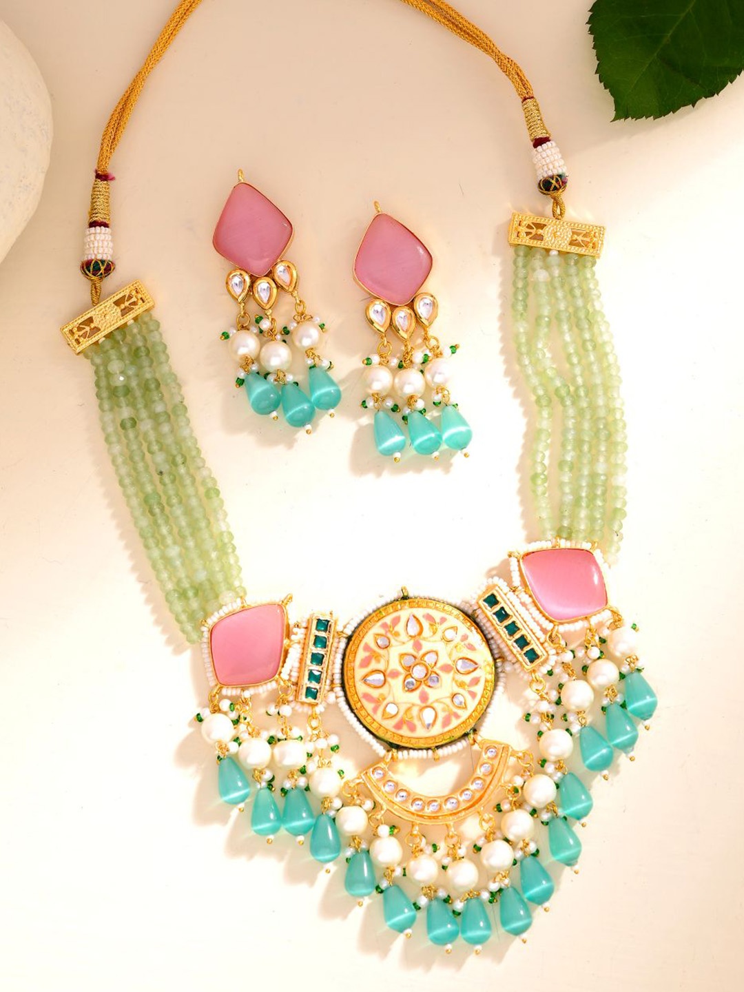 

DASTOOR Gold-Plated Stone-Studded & Beaded Necklace and Earrings