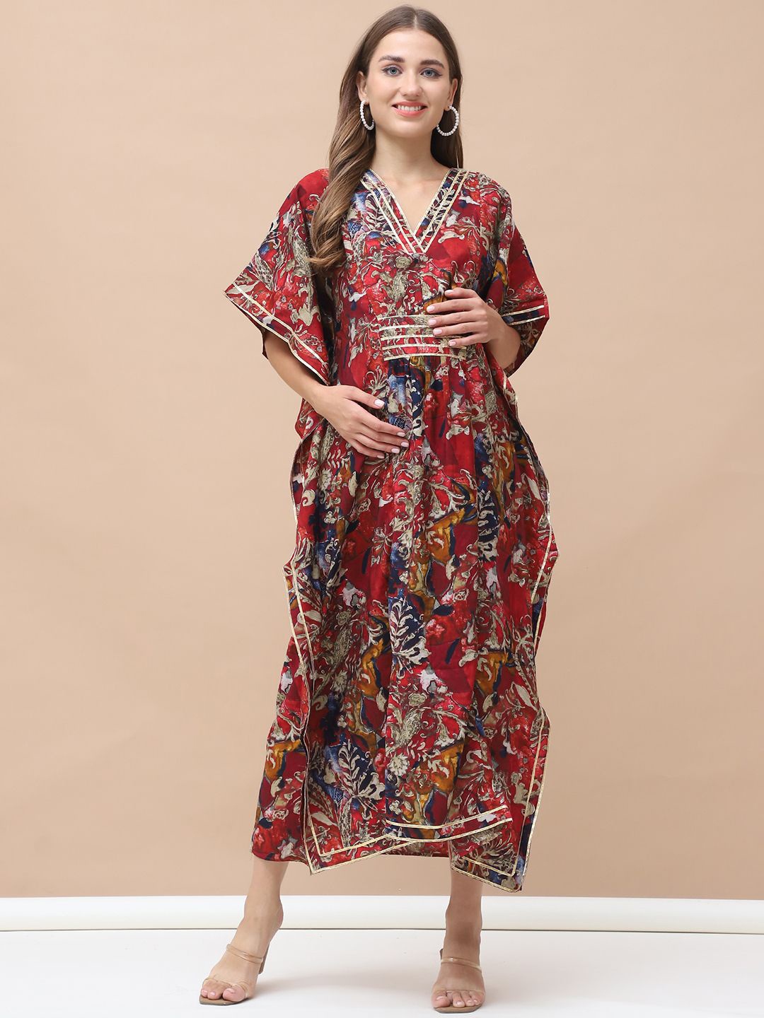 

Secret Wish Floral Printed Maternity Kaftan Midi Dress, Red