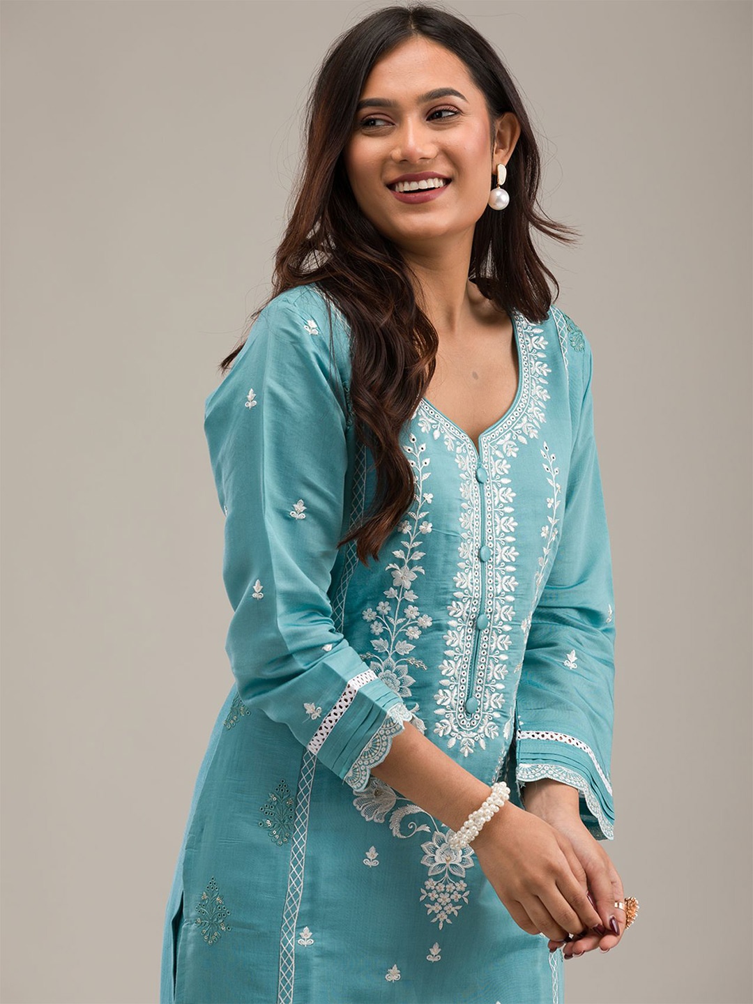 

Koskii Floral Embroidered Kurta With Trousers & Dupatta, Blue