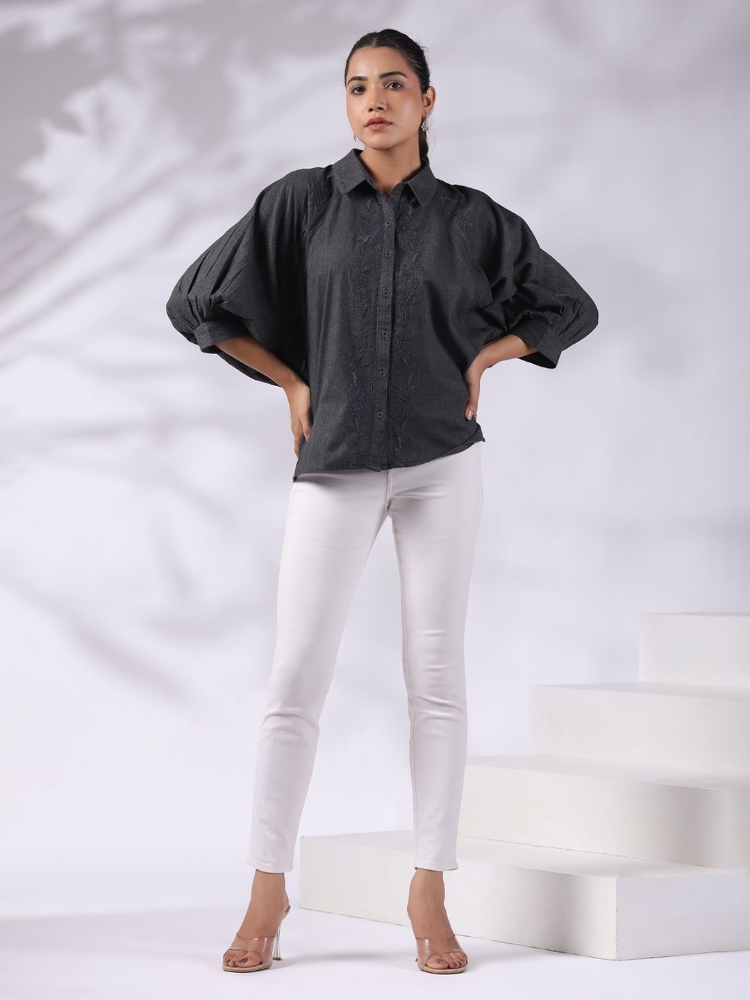 

Nyaro Women Solid Shirt Collar Cotton Top, Black