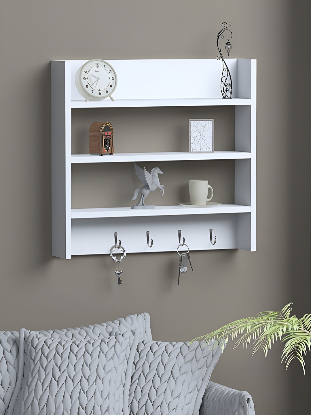 

RANDOM White Engineered Wood Pocket Wall Shelf with Key-Holders