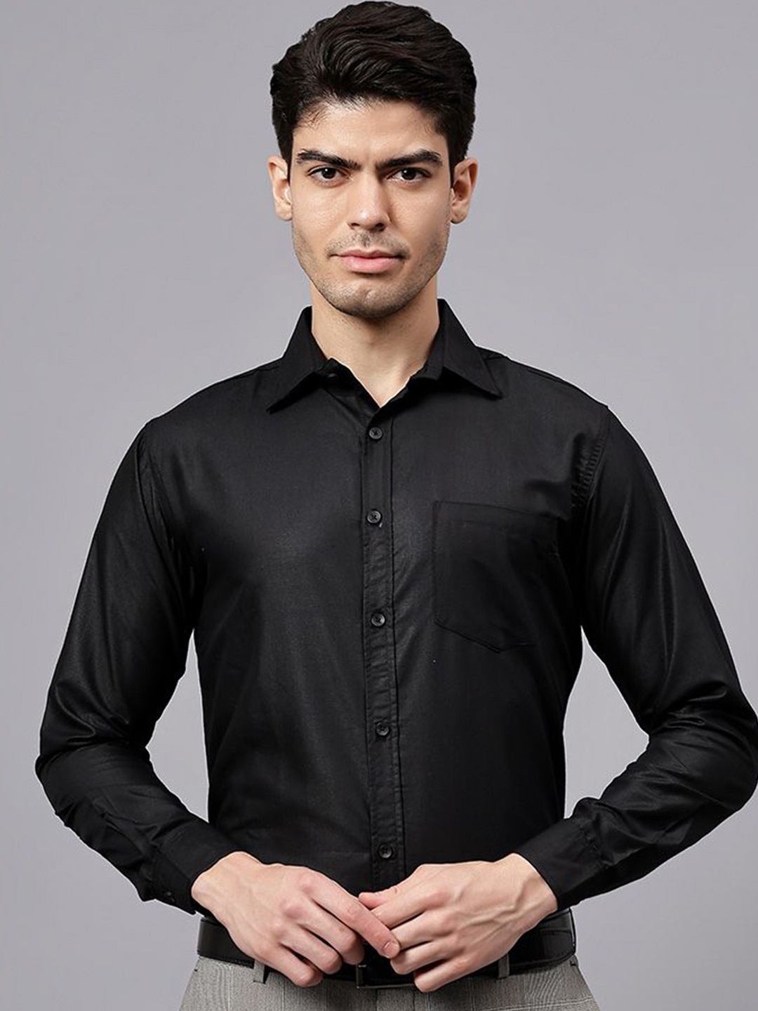 

univibe Men India Slim Spread Collar Solid Cotton Slim Fit Formal Shirt, Black